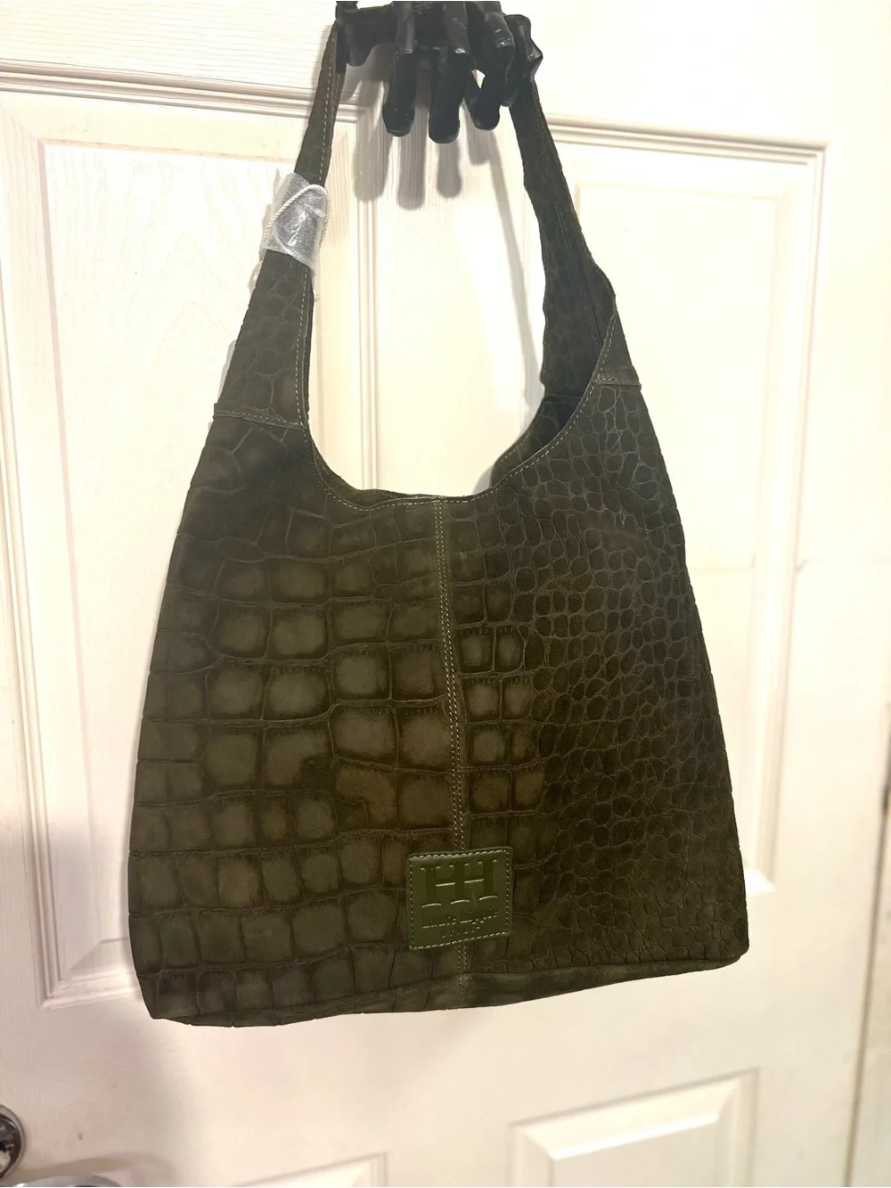 Haute Hippie olive green hobo bag with, crocodile-embossed suede design.NWT
